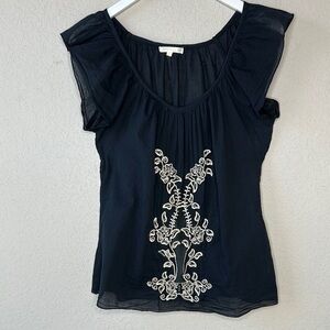 Matty M Black Tan Embroidered Ruffle Sleeve Sheer Black Crew Neck Top Size Small